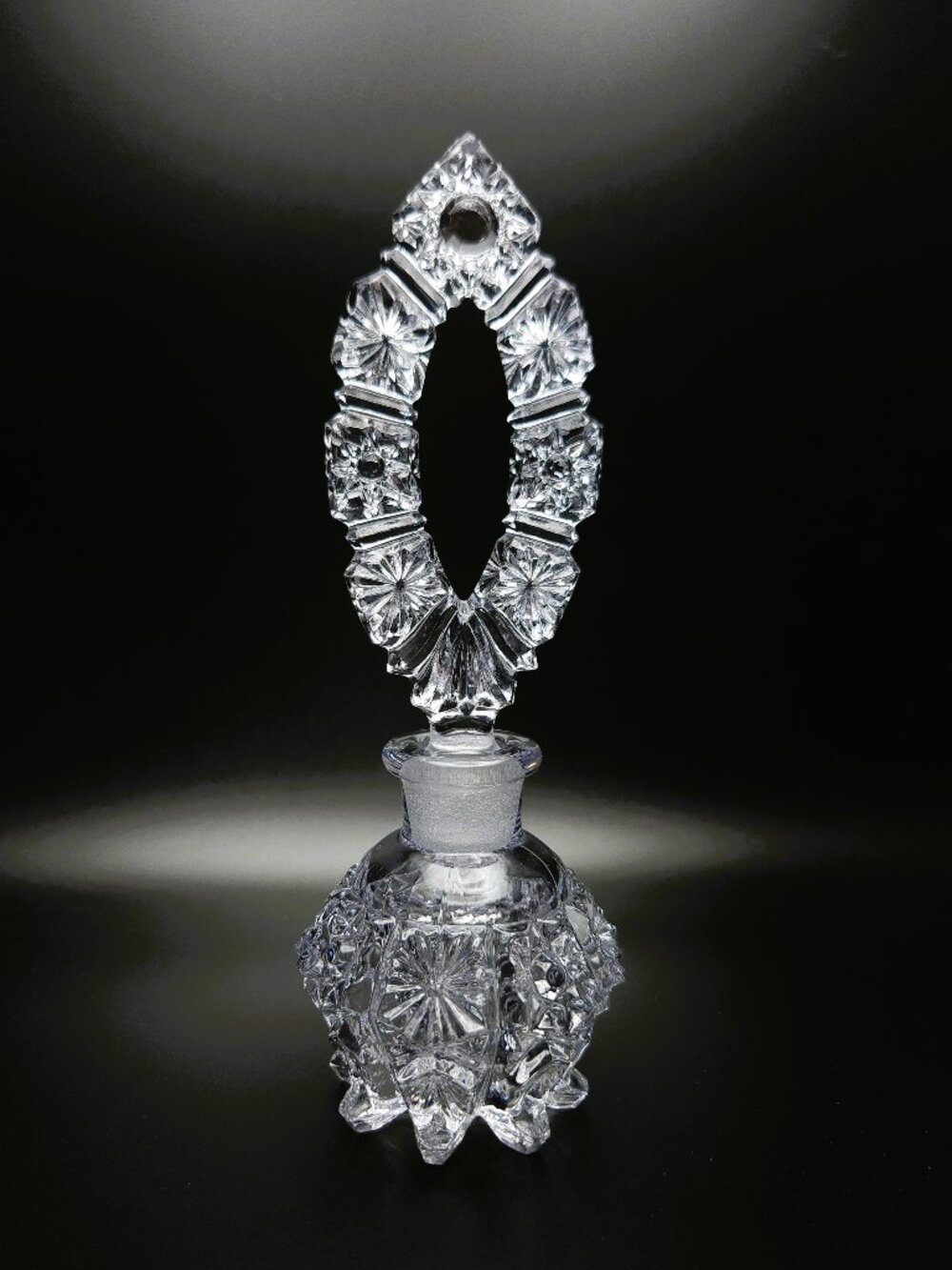 Vintage Clear Pressed Glass Perfume Bottle Ornate Openwork Stopper 7.5"